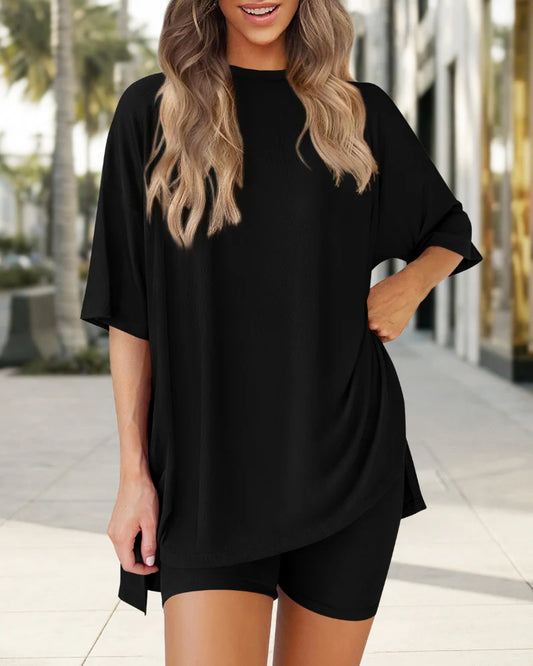 Summer Casual Oversized Lounge Set with Split Hem Shirts & Side Pocket Biker Shorts