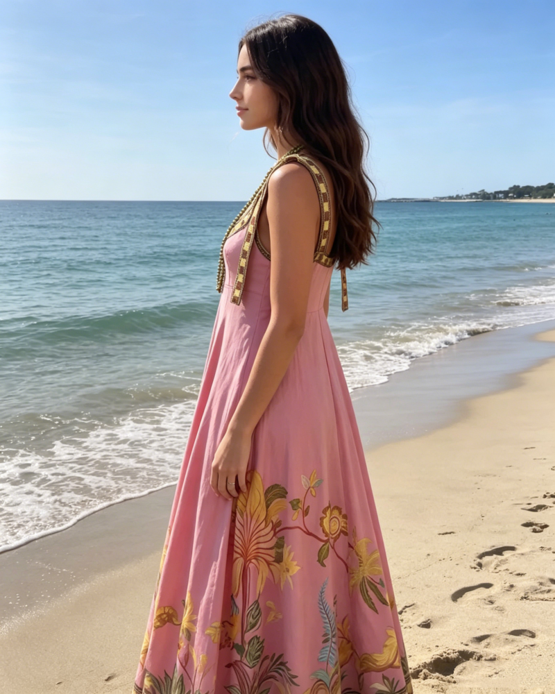 2026 Women's Linen-Blend Embroidered Midi Dress