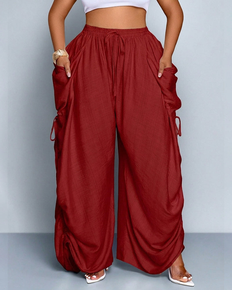 Plus Size Loose-Fit Casual Wide Leg Pants with Waist Tie and Pockets