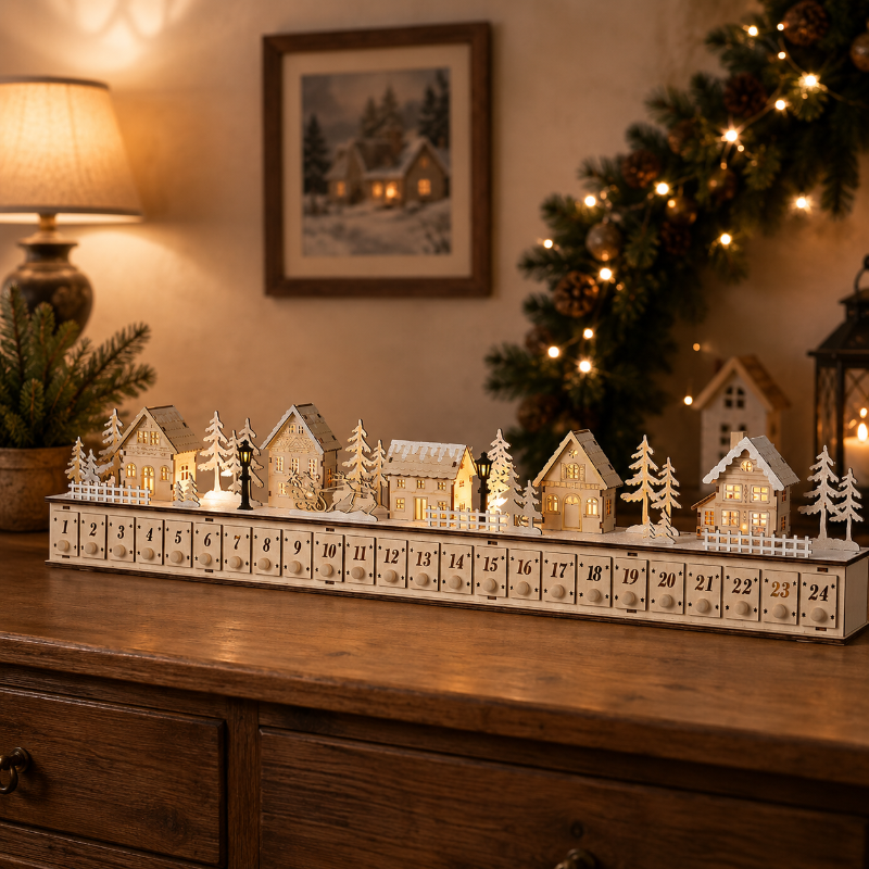DIY Wooden Christmas Village Advent Calendar with LED Lights, Music & 24 Countdown Drawers