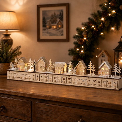 DIY Wooden Christmas Village Advent Calendar with LED Lights, Music & 24 Countdown Drawers