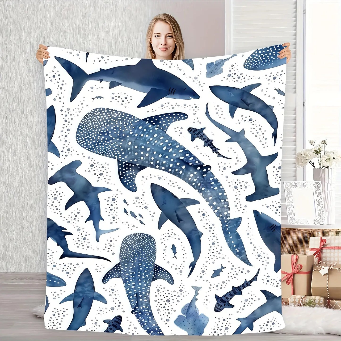Romantic ocean style whale shark pattern warm blanket