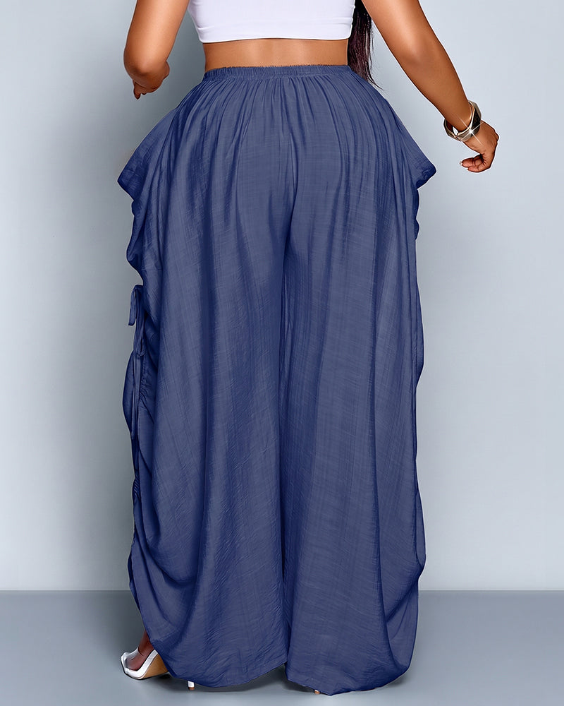 Plus Size Loose-Fit Casual Wide Leg Pants with Waist Tie and Pockets