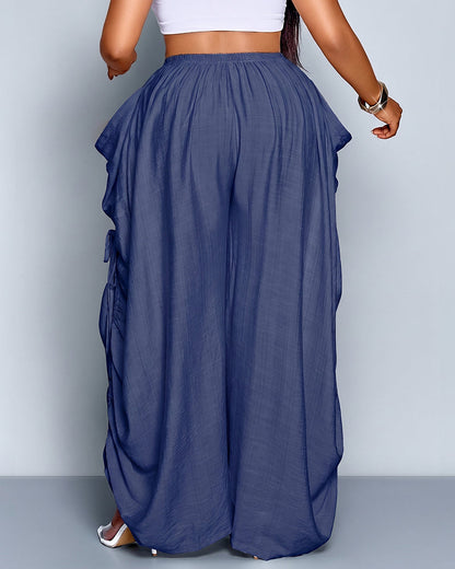 Plus Size Loose-Fit Casual Wide Leg Pants with Waist Tie and Pockets