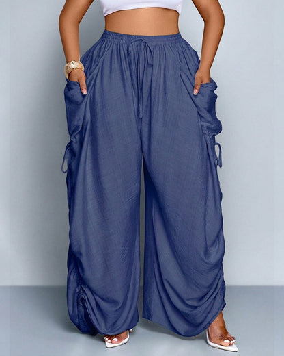 Plus Size Loose-Fit Casual Wide Leg Pants with Waist Tie and Pockets