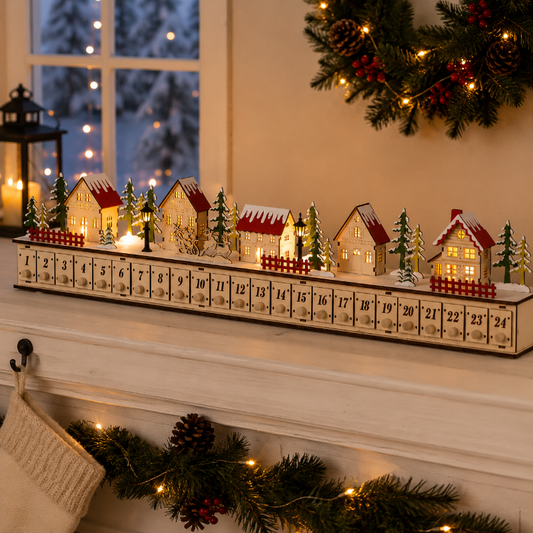 DIY Wooden Christmas Village Advent Calendar with LED Lights, Music & 24 Countdown Drawers