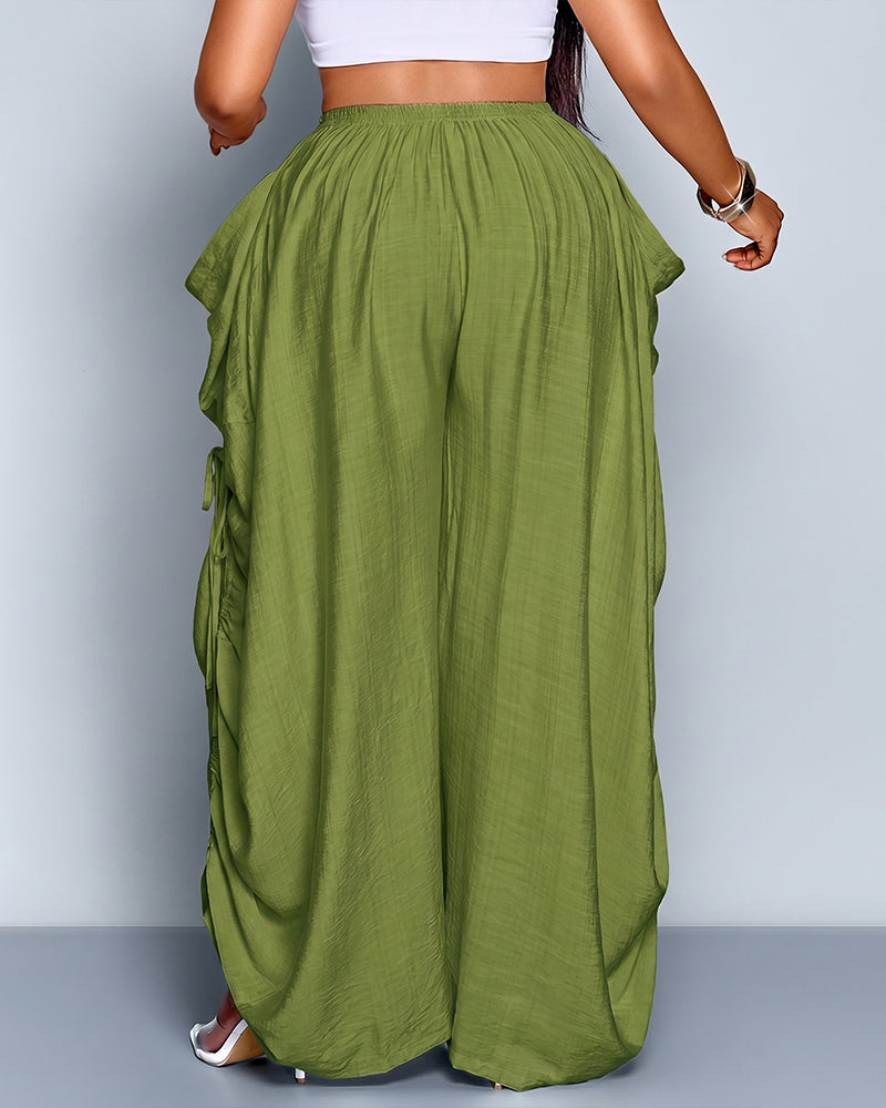 Plus Size Loose-Fit Casual Wide Leg Pants with Waist Tie and Pockets