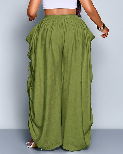 Plus Size Loose-Fit Casual Wide Leg Pants with Waist Tie and Pockets