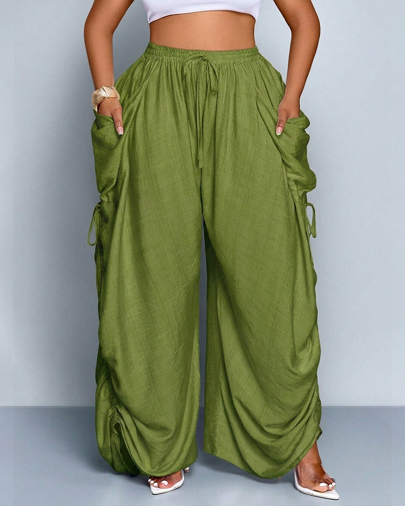 Plus Size Loose-Fit Casual Wide Leg Pants with Waist Tie and Pockets