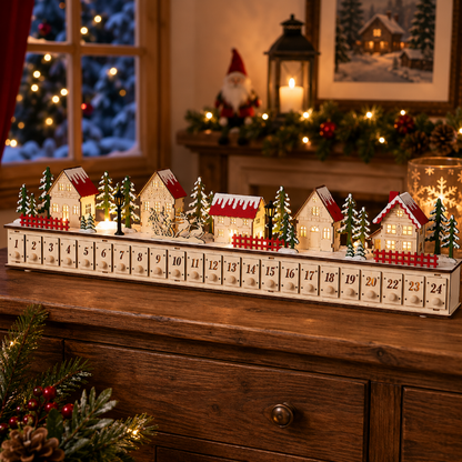 DIY Wooden Christmas Village Advent Calendar with LED Lights, Music & 24 Countdown Drawers