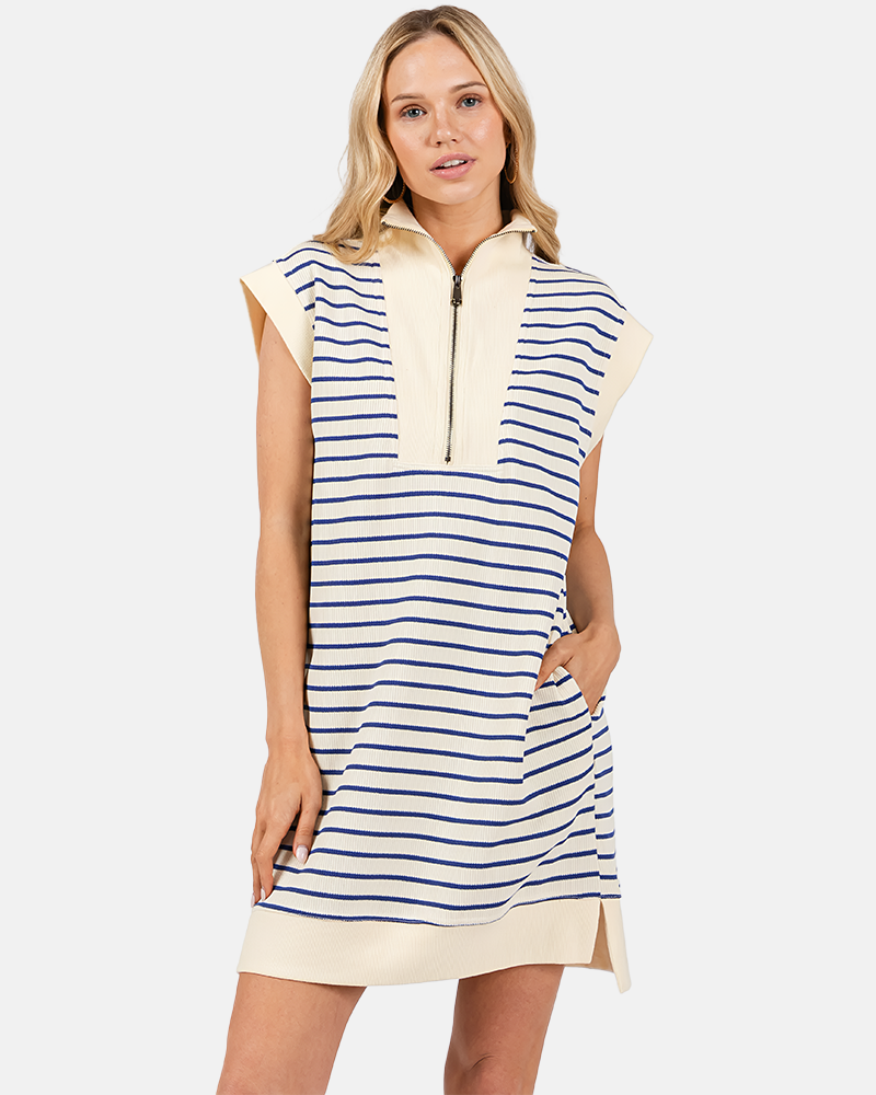 Women's Striped Casual Zipper Cap Sleeve Mini Dress