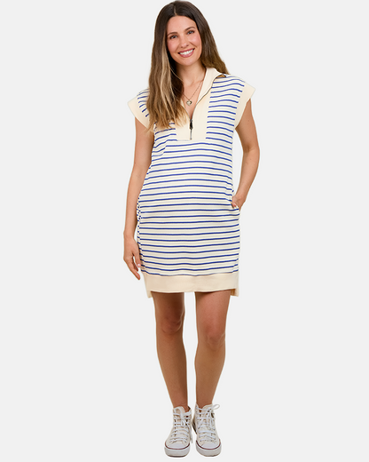 Women's Striped Casual Zipper Cap Sleeve Mini Dress