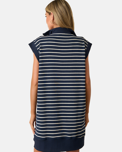 Women's Striped Casual Zipper Cap Sleeve Mini Dress