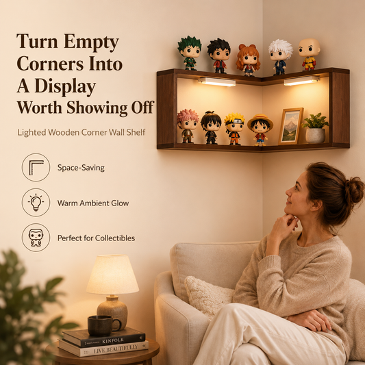Lighted Wooden Corner Display Shelves