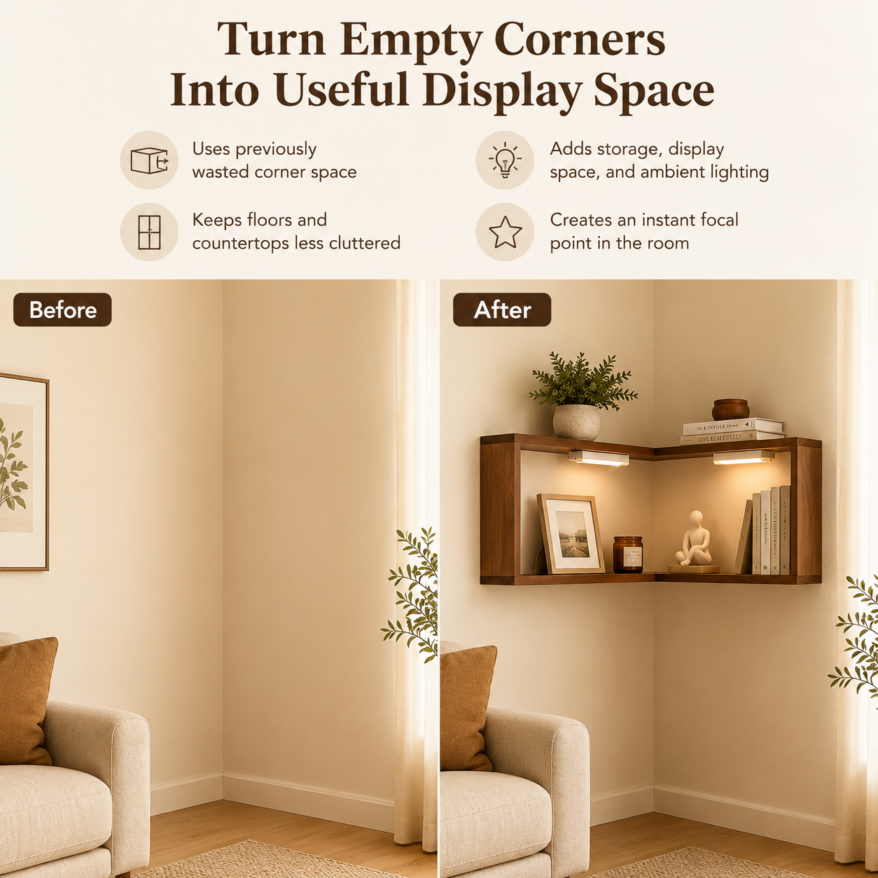 Lighted Wooden Corner Display Shelves
