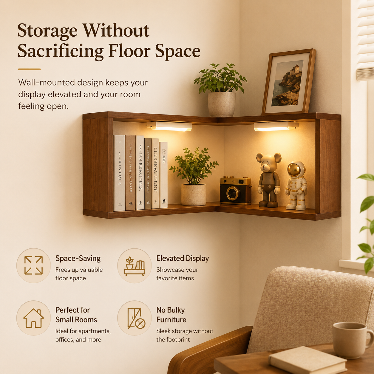 Lighted Wooden Corner Display Shelves