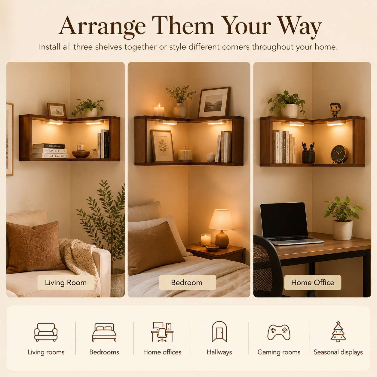 Lighted Wooden Corner Display Shelves