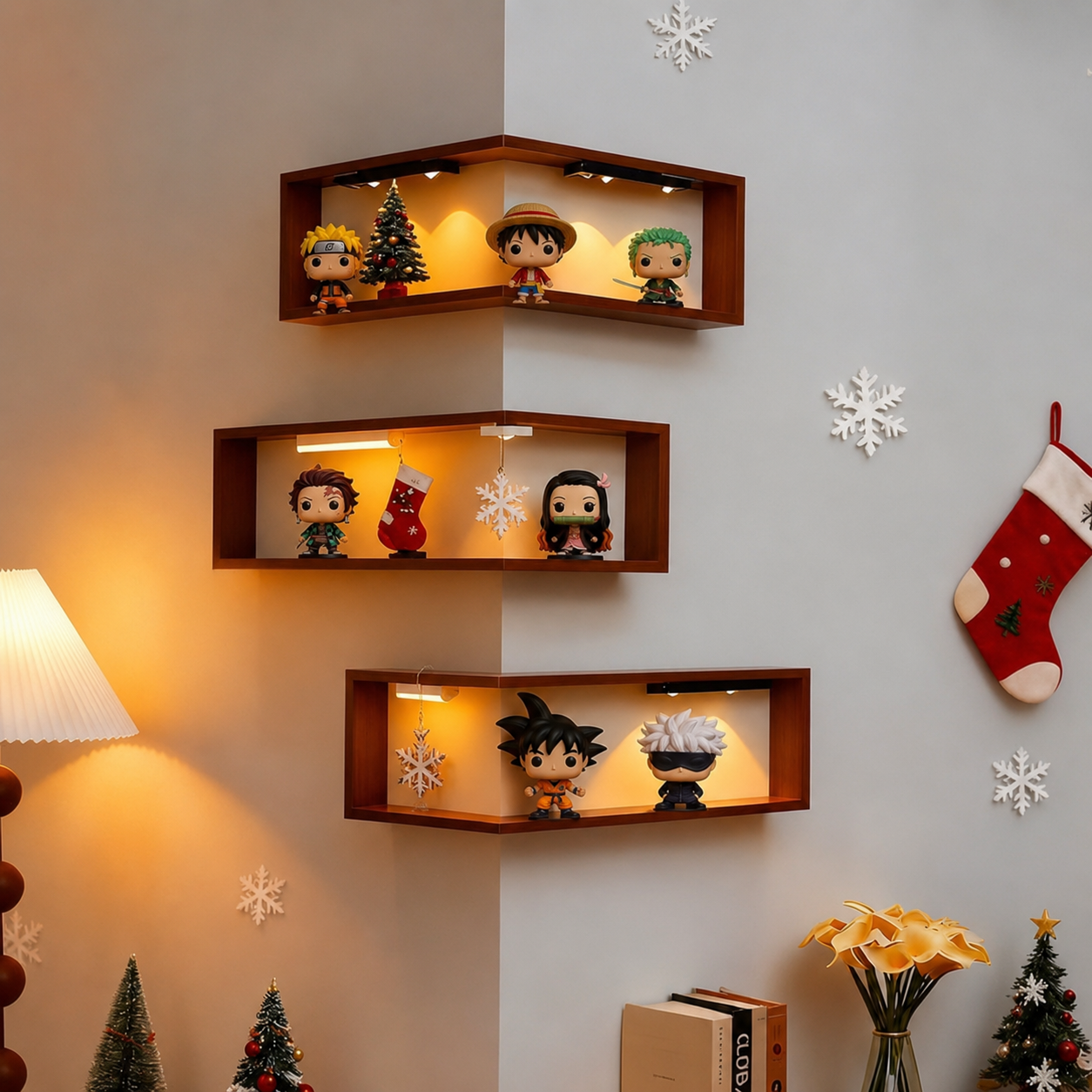 Lighted Wooden Corner Display Shelves
