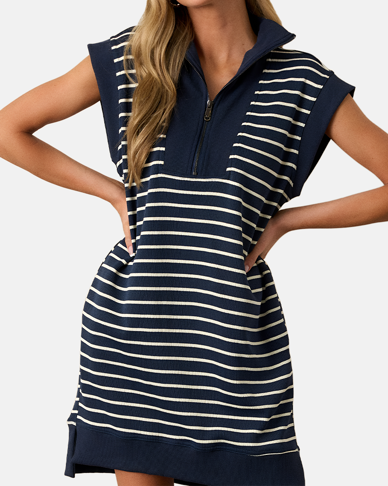 Women's Striped Casual Zipper Cap Sleeve Mini Dress