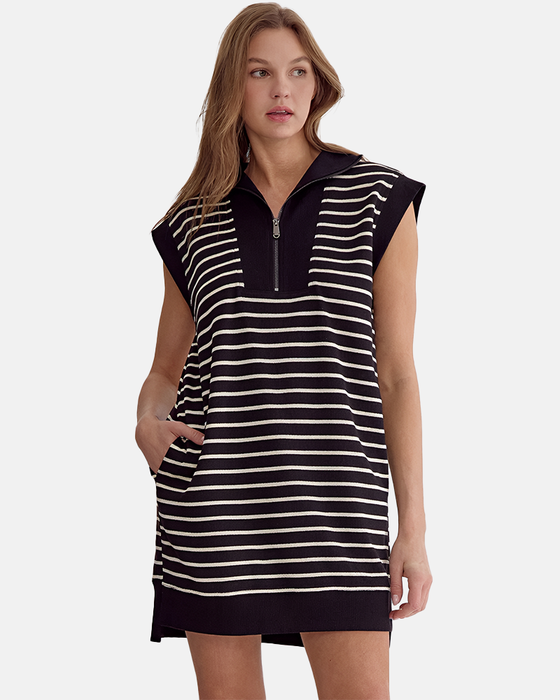 Women's Striped Casual Zipper Cap Sleeve Mini Dress