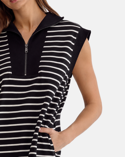 Women's Striped Casual Zipper Cap Sleeve Mini Dress