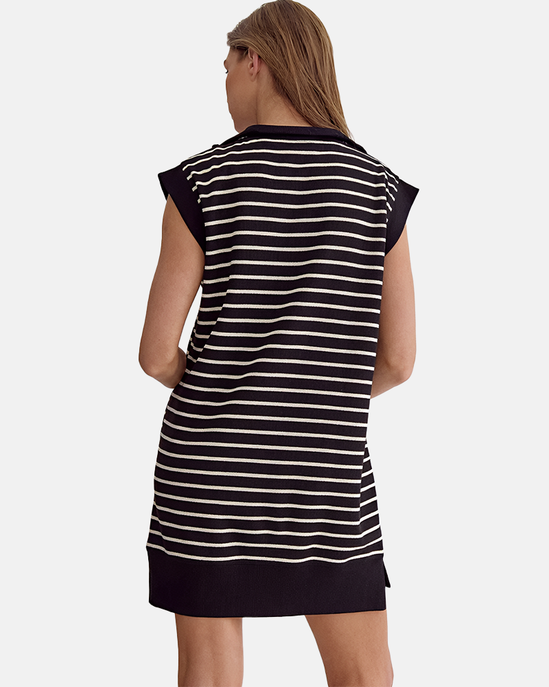 Women's Striped Casual Zipper Cap Sleeve Mini Dress
