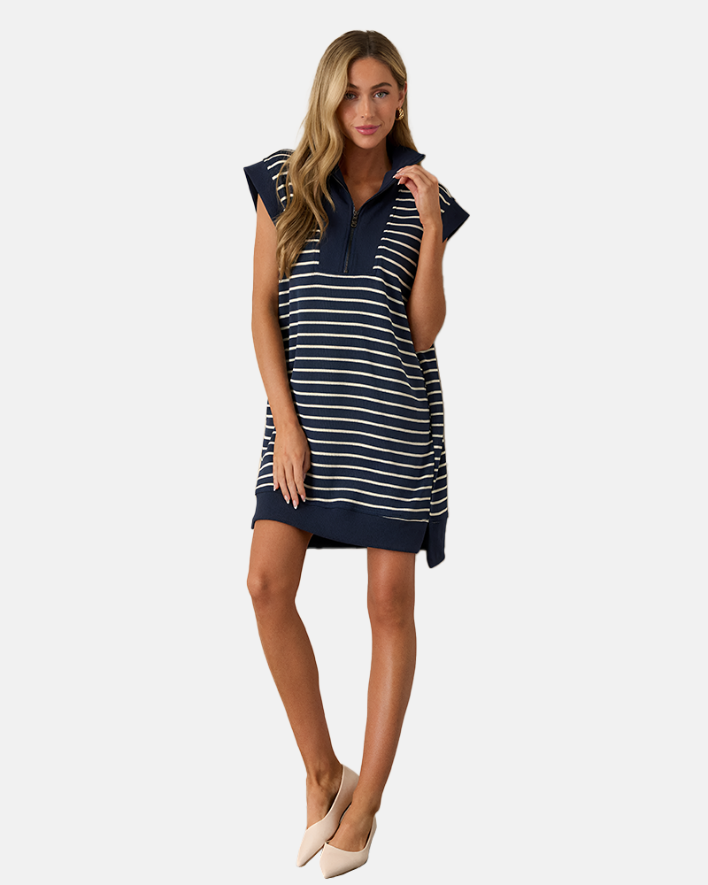 Women's Striped Casual Zipper Cap Sleeve Mini Dress