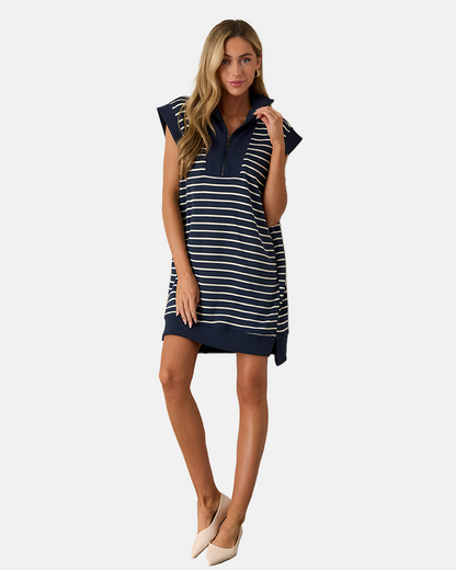 Women's Striped Casual Zipper Cap Sleeve Mini Dress