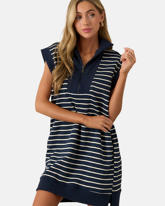Women's Striped Casual Zipper Cap Sleeve Mini Dress