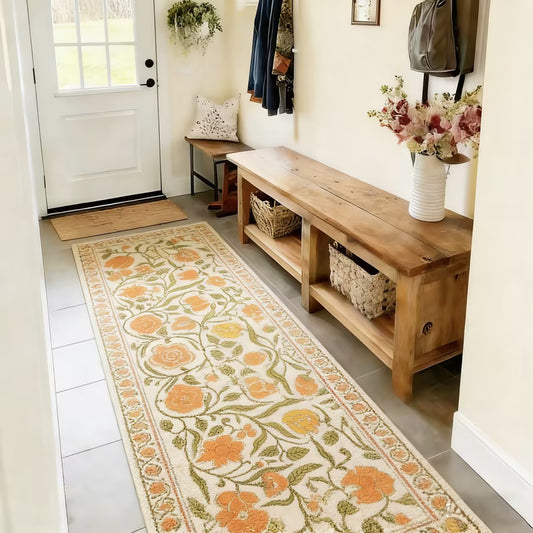 Mughal Inspired Orange Floral Washable Runner Rug