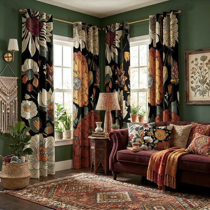 Boho Floral Blackout Curtains - 2 Panels for Bedroom