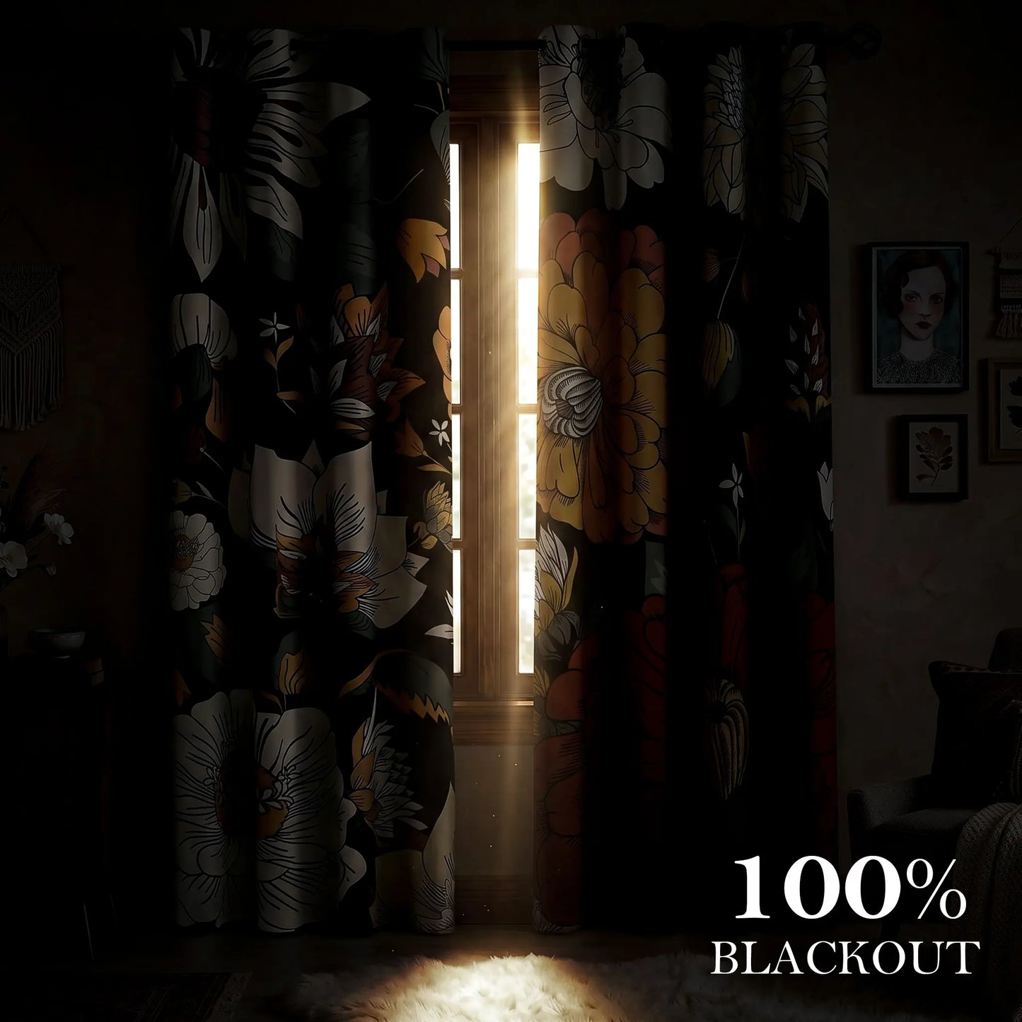 Boho Floral Blackout Curtains - 2 Panels for Bedroom