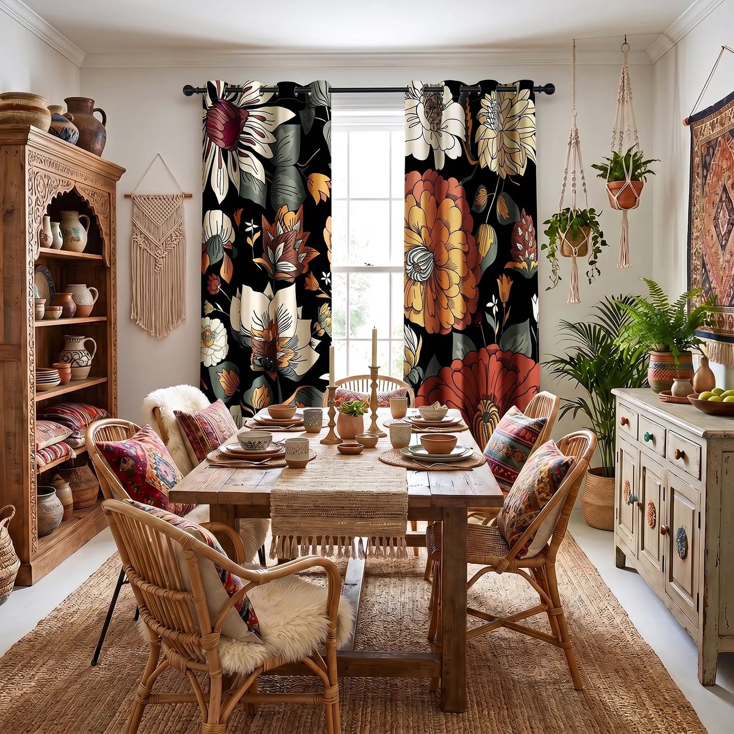 Boho Floral Blackout Curtains - 2 Panels for Bedroom