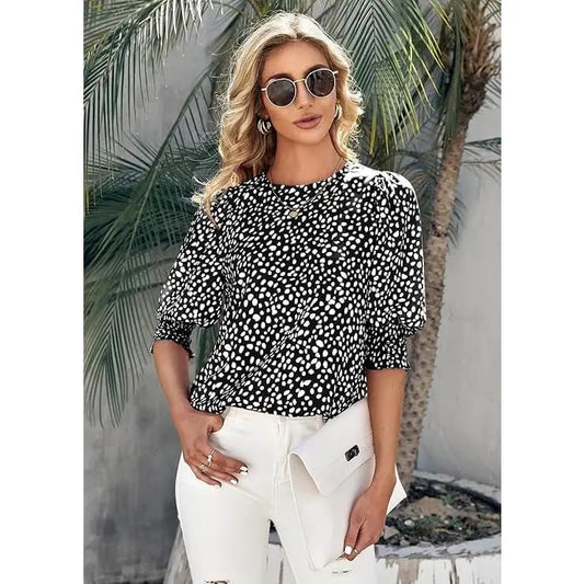 Women's Polka Dot 3/4 Sleeve Blouse Tops Ladies
