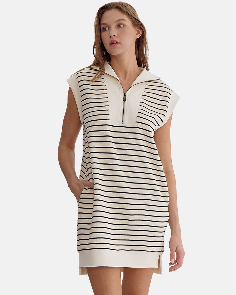 Women's Striped Casual Zipper Cap Sleeve Mini Dress