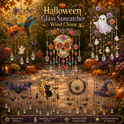 Halloween Glass Suncatcher Wind Chime – Spooky Hanging Window Decor for Home & Garden