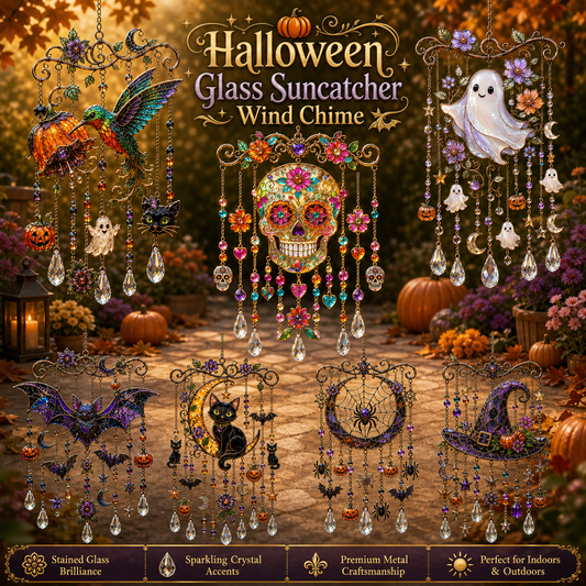 Halloween Glass Suncatcher Wind Chime – Spooky Hanging Window Decor for Home & Garden