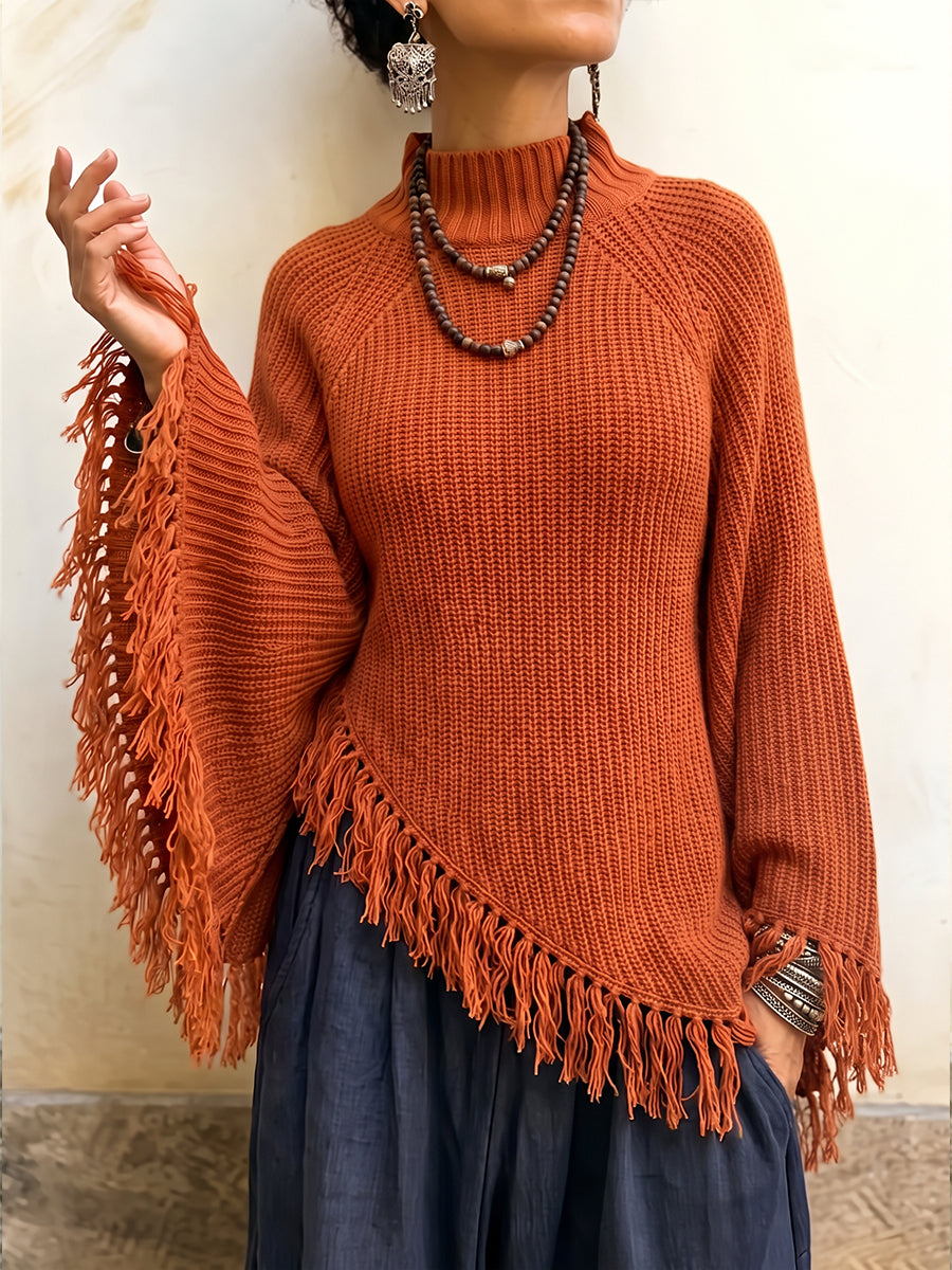 Boho Fringe Asymmetric Knit Poncho Pullover