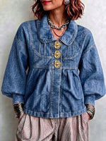 Vintage-style Denim Jacket With A Peter Pan Collar, Puff Sleeves, And Floral Metal Buttons