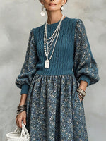 Elegant Stylish Blue Floral Patchwork Midi Dress