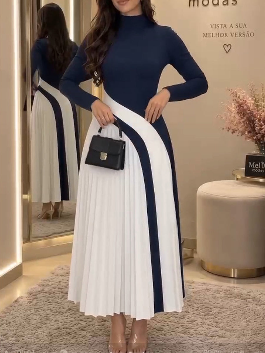 Stylish And Elegant Color-block High-neck Pleated Maxi Dress