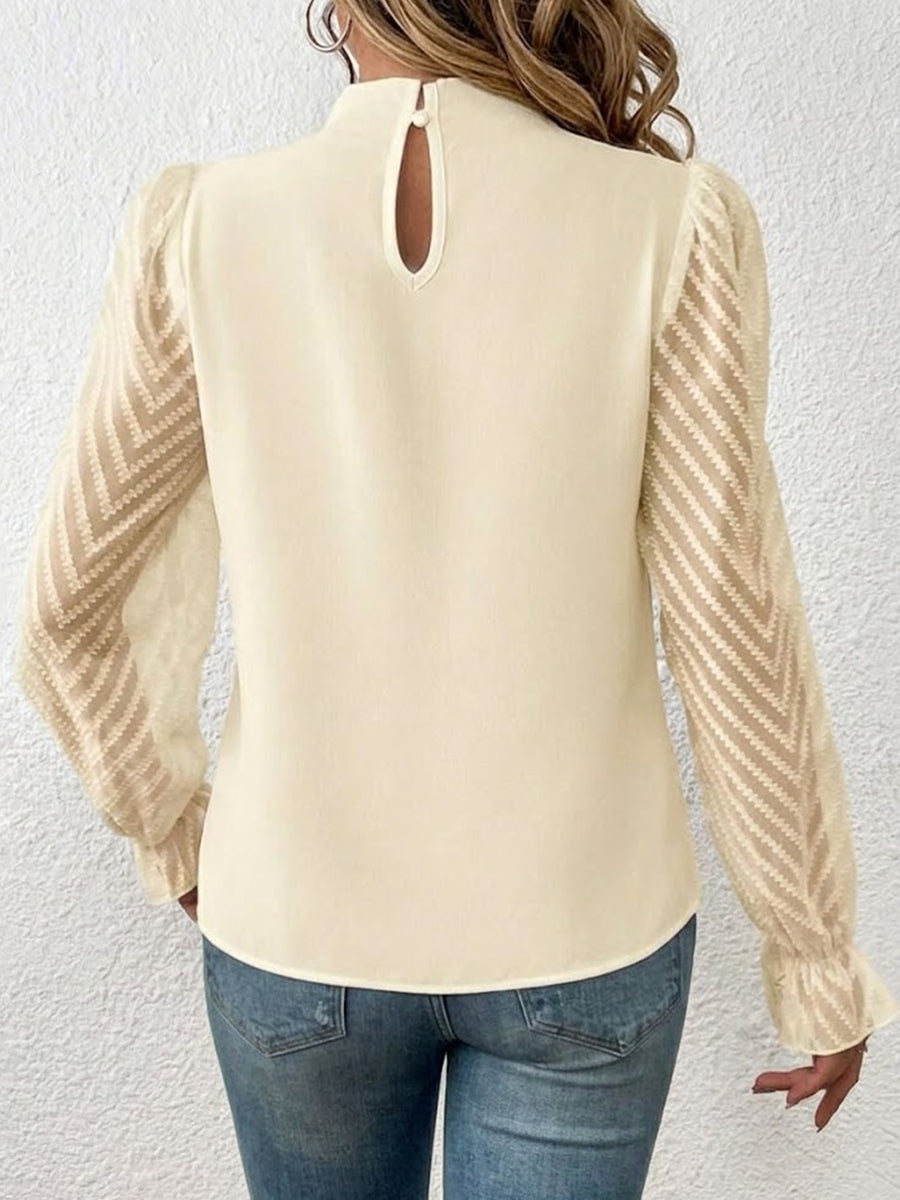 Long-sleeve Top With A Mock Neck And Paneled, Wavy-patterned Chiffon