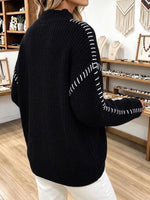 Oversized Black Chunky Knit Sweater with Contrast Stitching