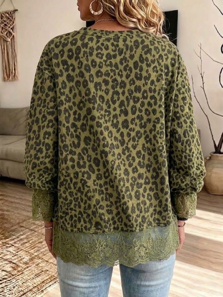 Long-sleeve "faux-layered" Top With Leopard Print And Lace Paneling