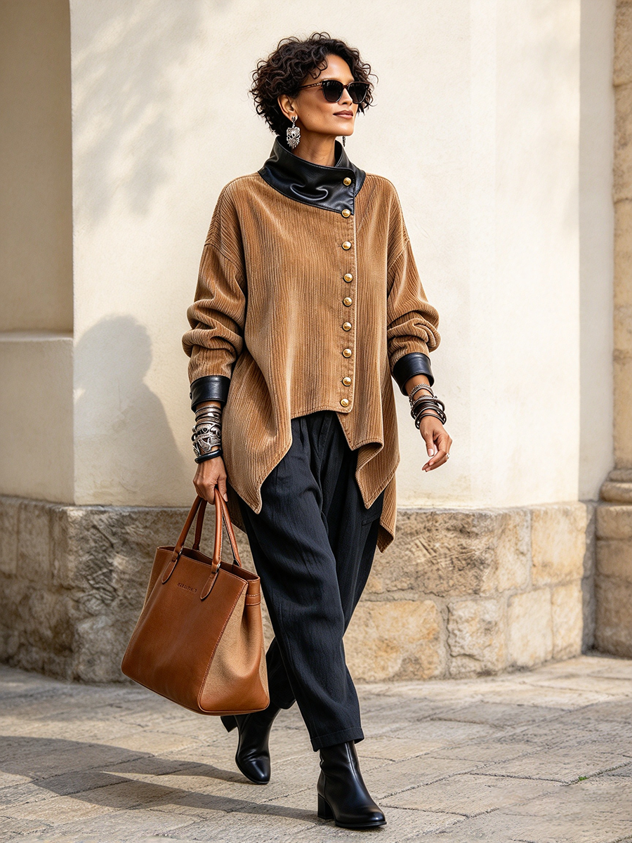 Cozy Asymmetrical Stylish Faux Leather Corduroy Jacket