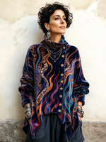Vintage Abstract Flame And Animal Print Asymmetrical Turtleneck Top