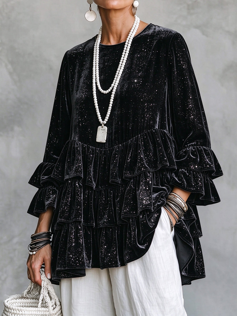 Glamorous Shimmer Velvet Ruffled Tiered Tunic