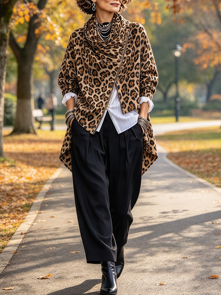 Chic Urban Leopard Print Asymmetrical Zip Jacket