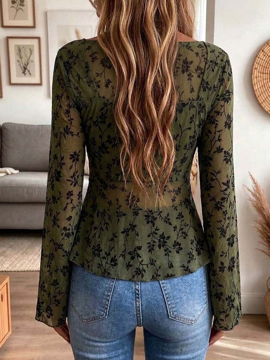 Retro Floral Sheer Bell-Sleeve Tie-Front Top