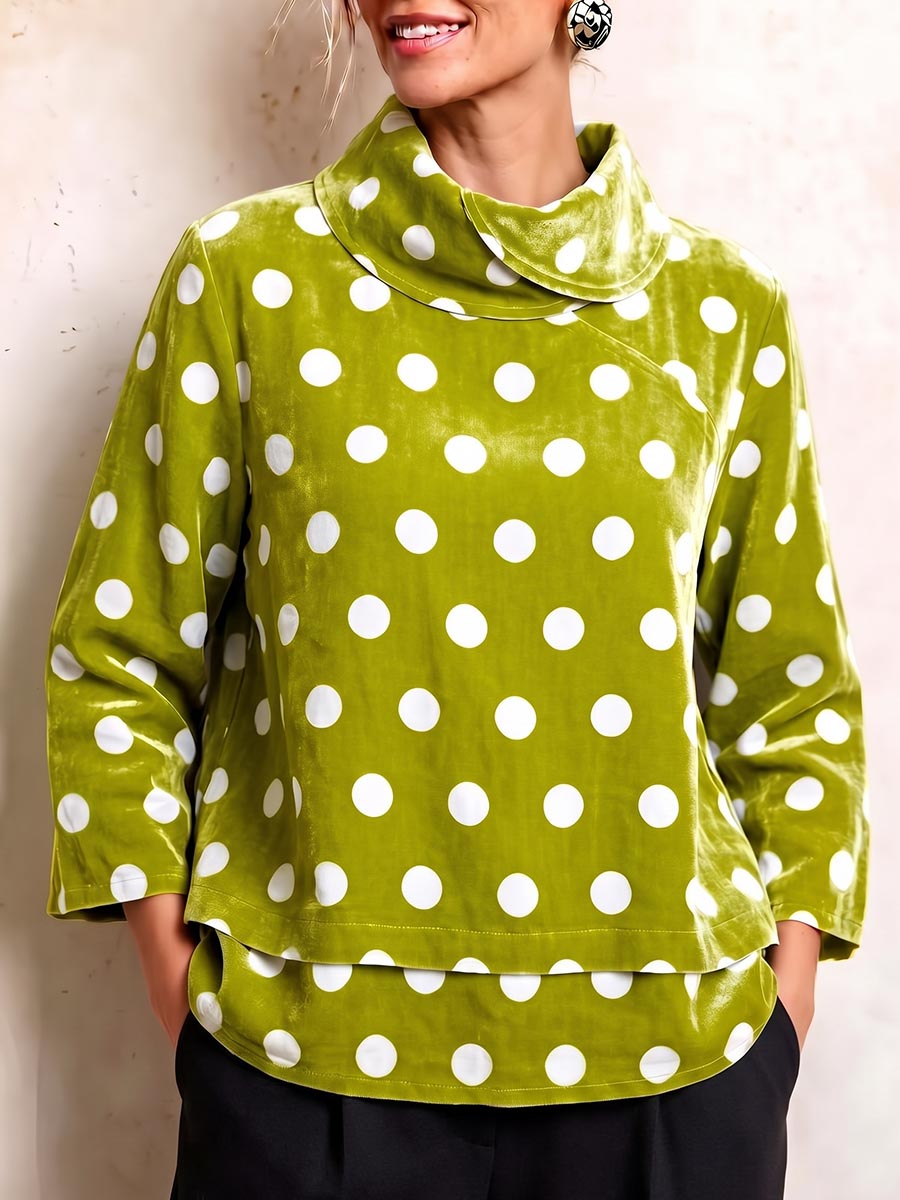 Women's Long-sleeve Velvet Top With Collar And Polka-dot Print